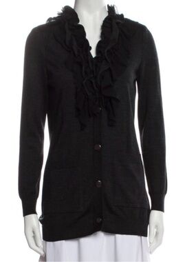 ST. JOHN Black Ruffle V-Neck Cardigan